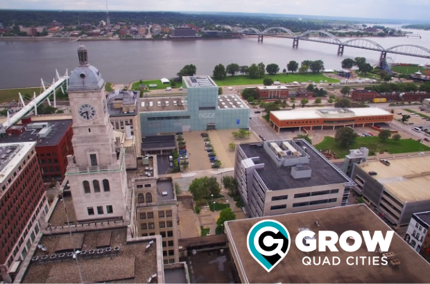 Aerial of Downtown Davenport the Mississippir River and Rock Island in the background