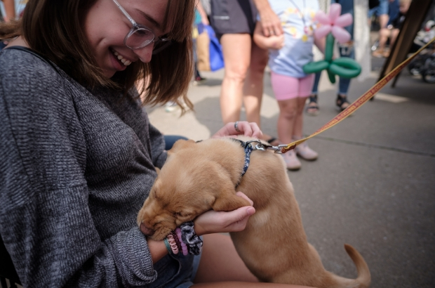 A lady petting a puppy at the famers market