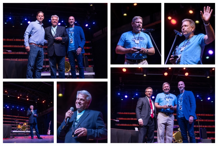 photos of volunteer of the year and business of the year receiving award on stage at annual celebration